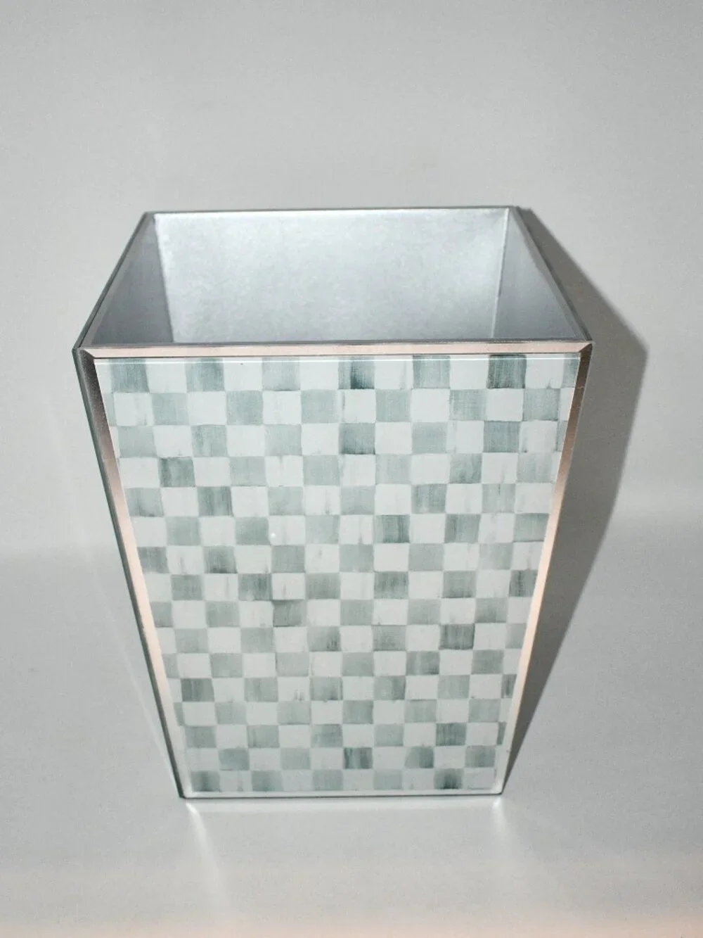 Mackenzie Childs Sterling Check Glass Waste Bin #44102-0540 NIB Details: Printed